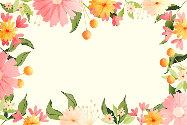 Watercolor floral frame with pink, orange, and yellow blossoms and green leaves on a cream background.