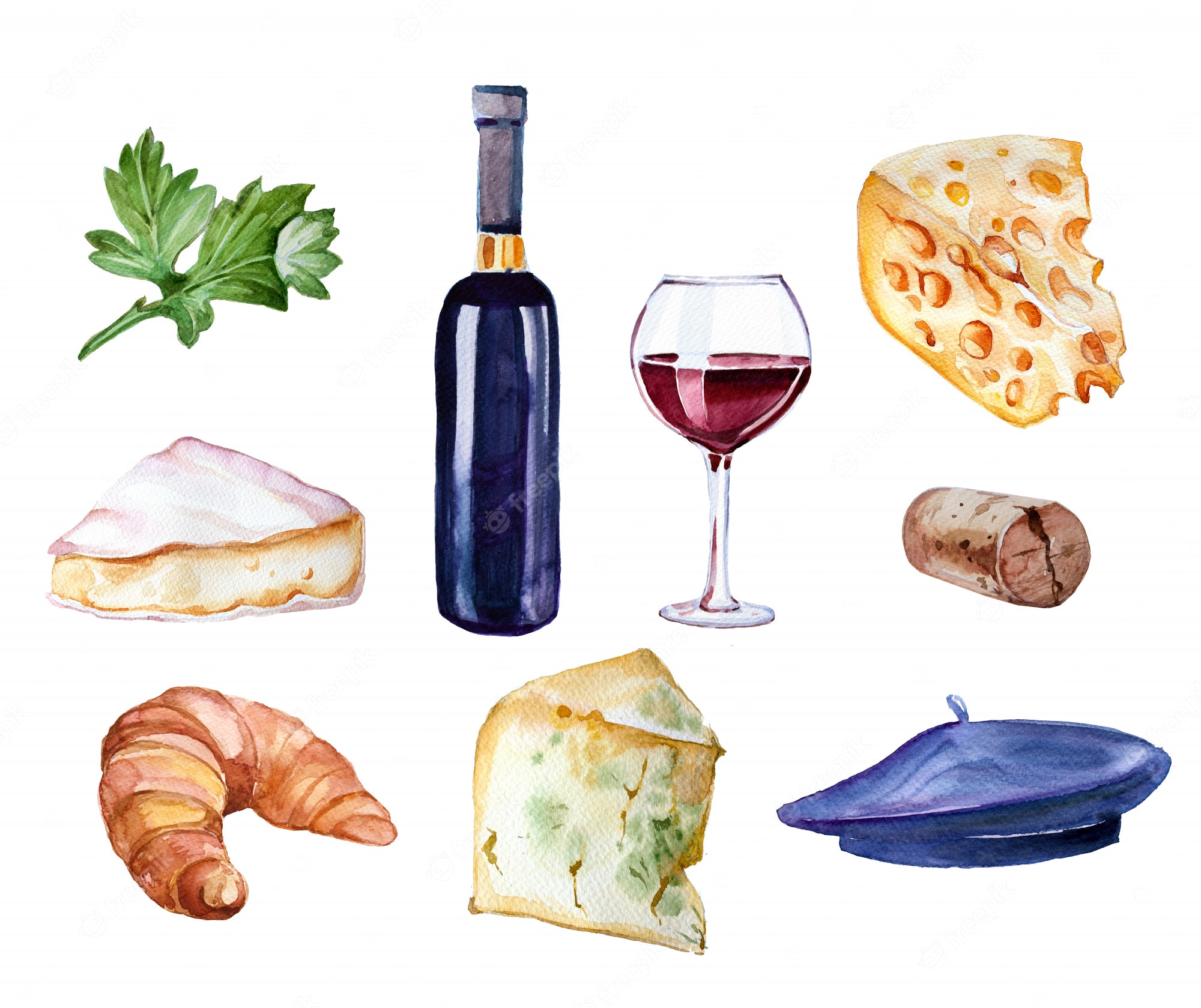 Watercolor illustration of French culinary icons: red wine, cheese, croissant, beret, parsley, and cork.
