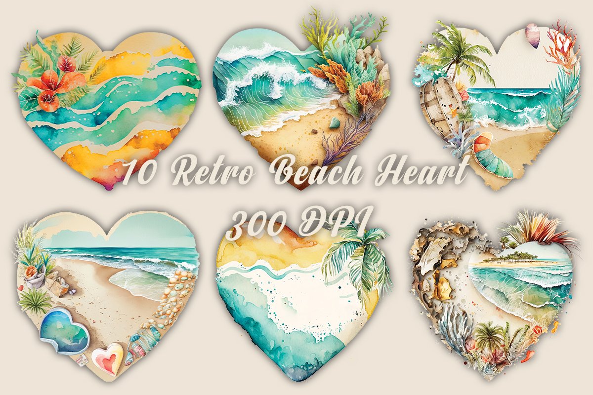 Six heart-shaped retro beach illustrations with tropical scenes, waves, palms, and coral in watercolor style at 300 DPI.