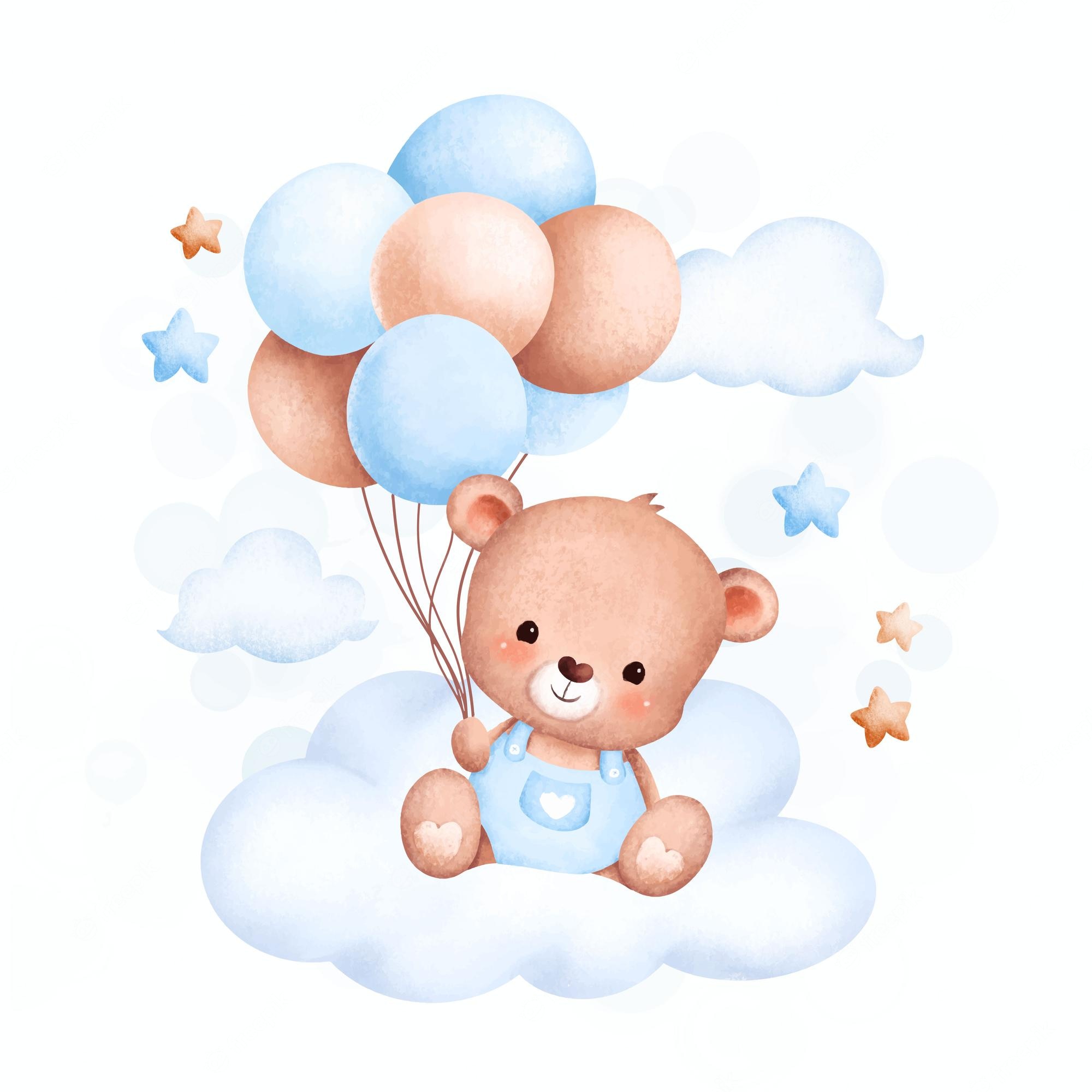 Cute teddy bear in blue overalls floating on a cloud with balloons and stars.