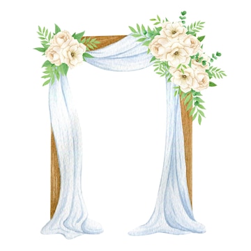 Watercolor wedding arch with cream peonies, greenery, and flowing light blue fabric draped over wooden frame.