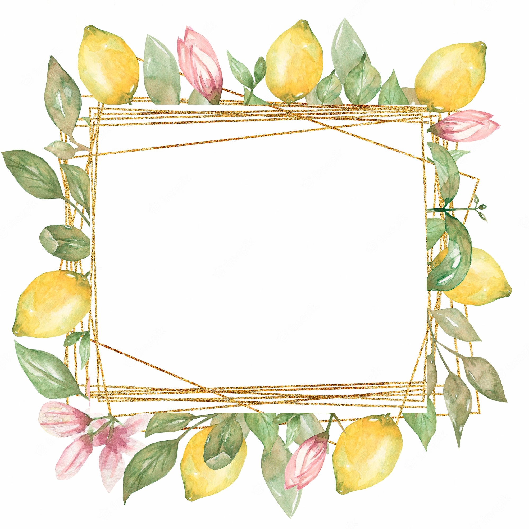 Watercolor lemon and pink flower frame with gold glitter geometric border on white background.