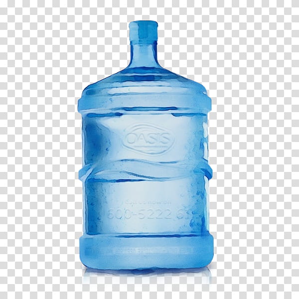 Blue 5-gallon Oasis water jug with transparent plastic body and blue cap, isolated on checkerboard background.