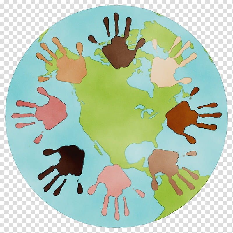Stylized Earth globe with diverse handprints encircling continents, symbolizing global unity and inclusivity.
