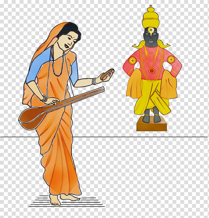 A woman in orange saree playing veena before a black-skinned deity statue with yellow crown and pink attire.