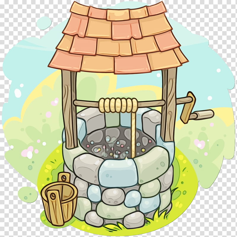 Charming cartoon well with tiled roof, stone structure, wooden bucket, and lush green background.