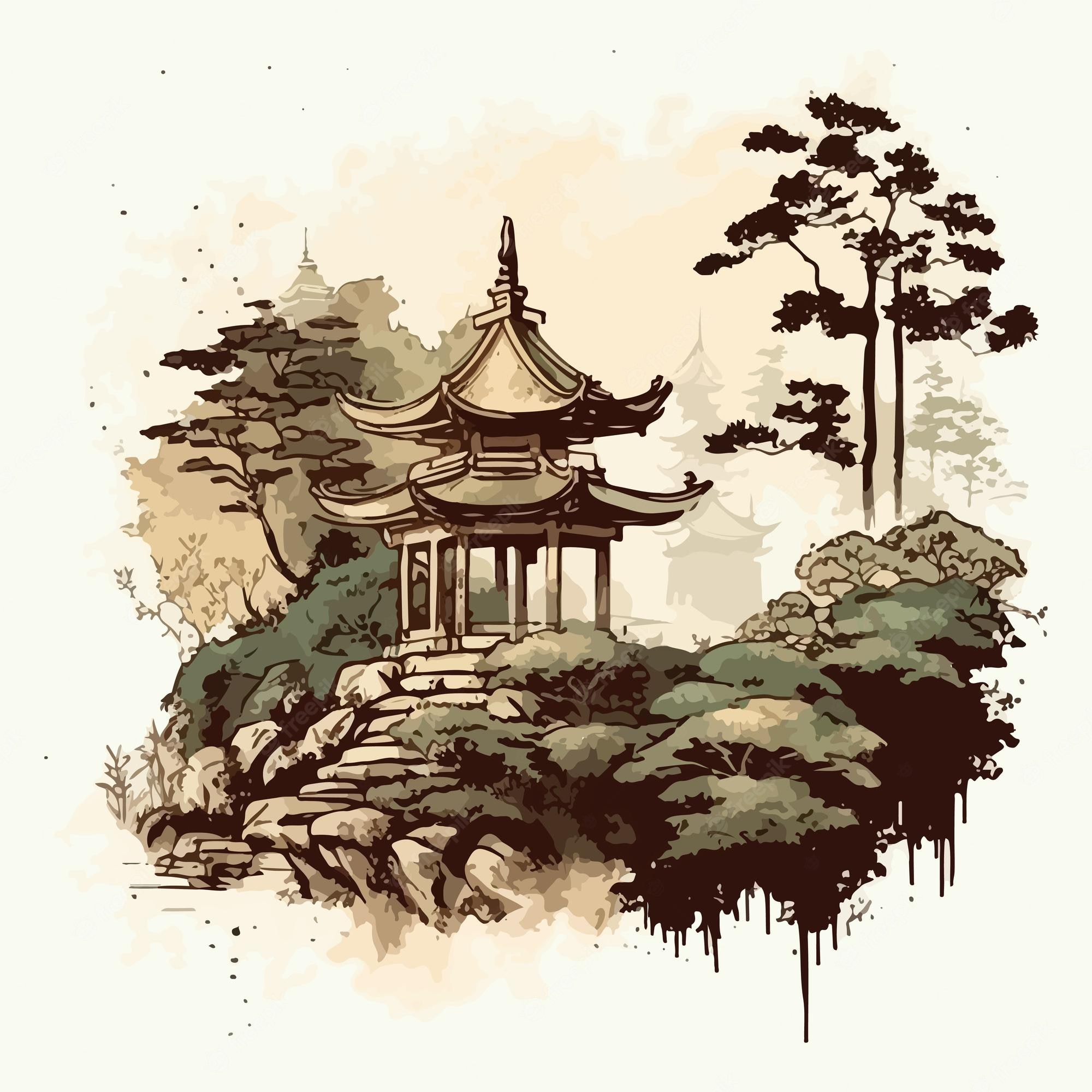 Traditional East Asian pavilion on a rocky hill surrounded by pine trees and misty mountains.
