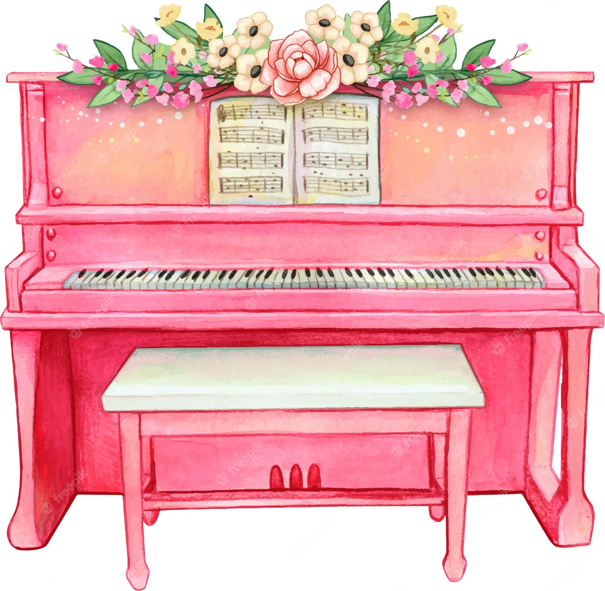 A watercolor illustration of a pink upright piano adorned with flowers and sheet music, with a matching bench.