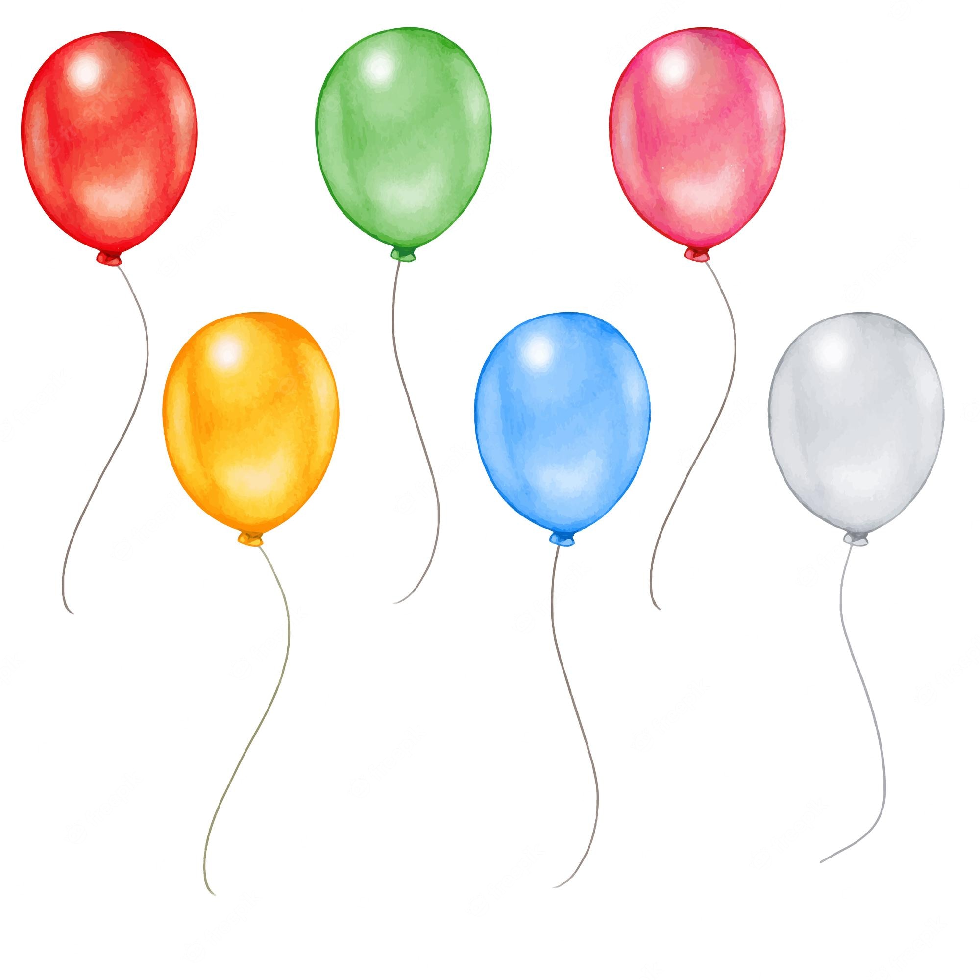Six watercolor balloons in red, green, pink, orange, blue, and silver with strings, floating on white background.
