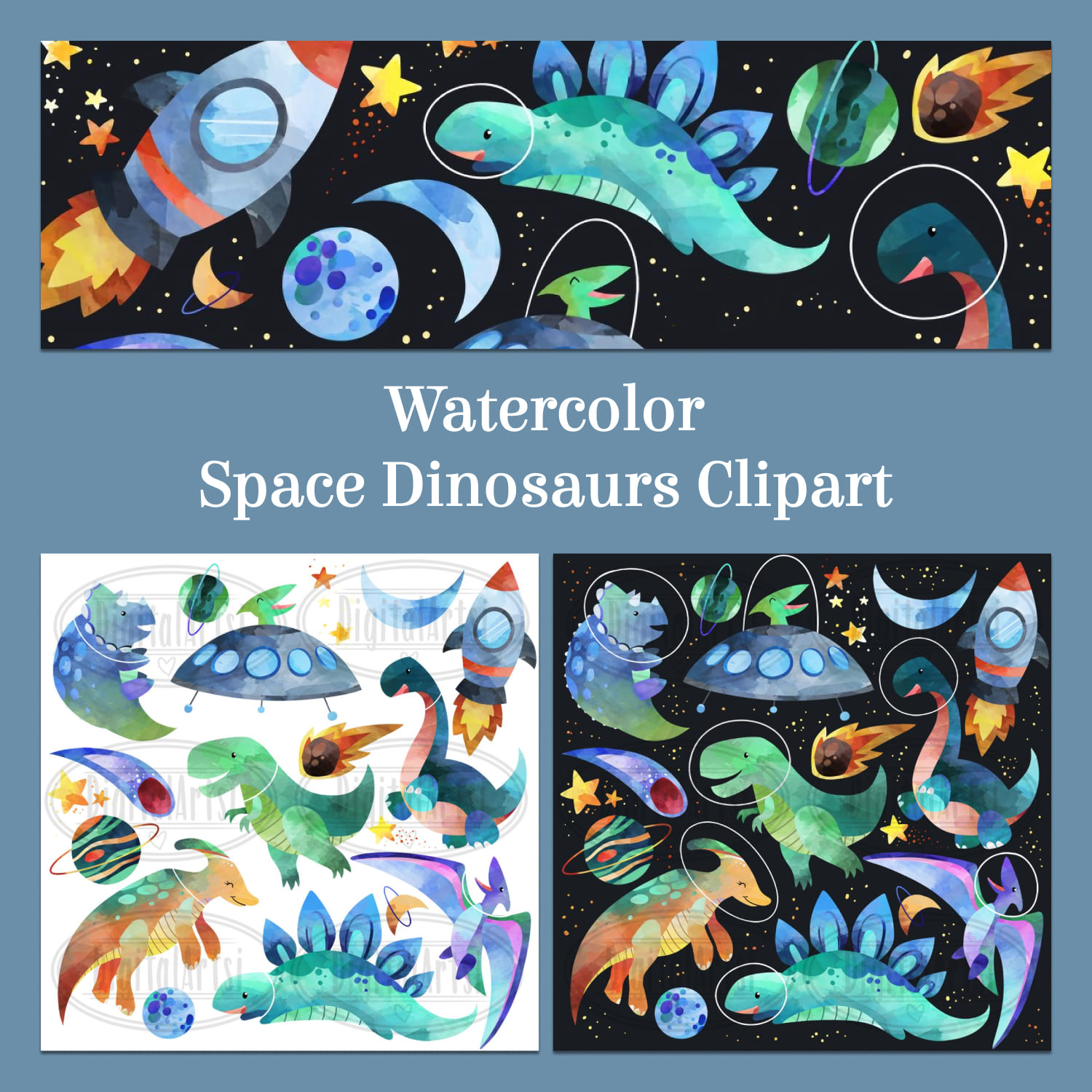 Watercolor-style space dinosaurs, rockets, planets, and UFOs in playful cosmic scenes on dark and white backgrounds.
