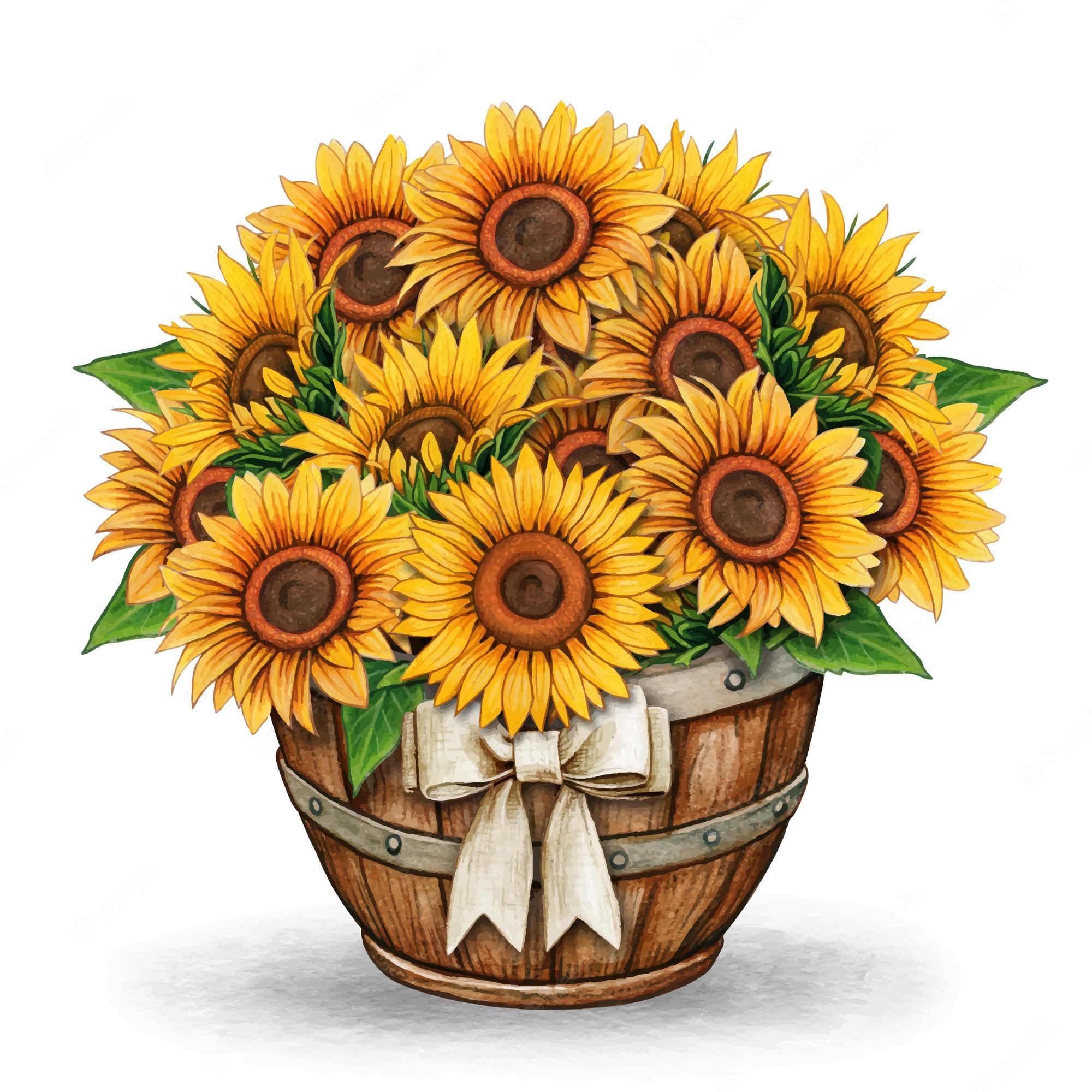 A rustic wooden barrel filled with vibrant yellow sunflowers and green leaves, adorned with a cream-colored bow.