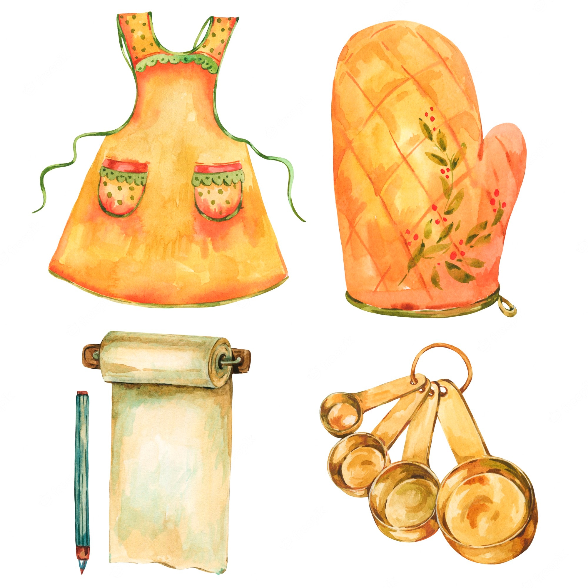 Watercolor illustration of a kitchen apron, oven mitt, recipe scroll with pencil, and set of measuring spoons.
