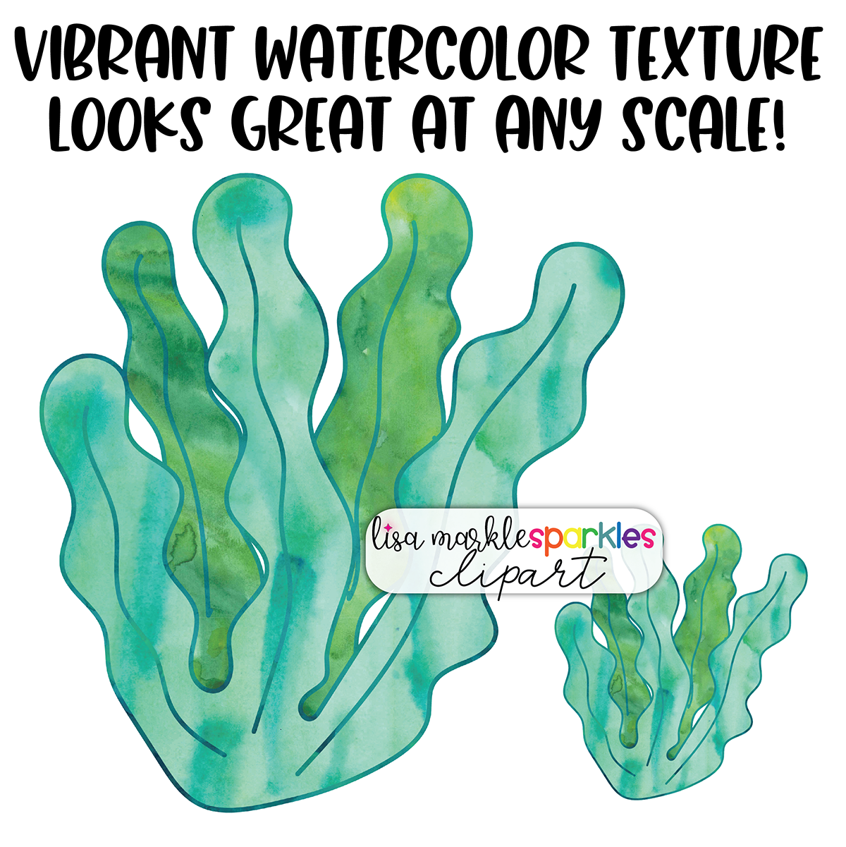 Vibrant watercolor seaweed clipart in teal and green, scalable for any design project.