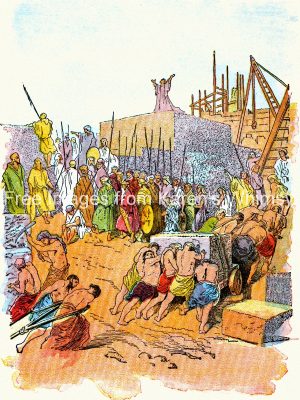 Ancient workers constructing a large wooden structure under supervision, with figures in robes observing and laborers hauling materials.