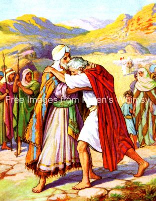 Biblical scene of two men embracing warmly in a desert landscape, surrounded by onlookers in traditional robes.