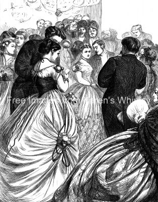 Victorian-era ballroom scene with elegantly dressed couples dancing and socializing in a crowded, ornate hall.
