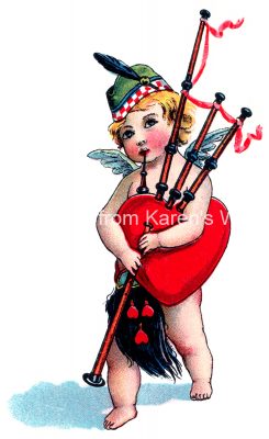 Vintage Valentine cherub in green hat playing bagpipes while hugging a red heart.