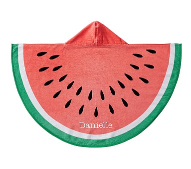 Personalized watermelon-themed hooded beach towel with name "Danielle" embroidered on front.