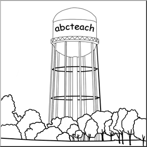 Line drawing of a water tower labeled "abcteach" surrounded by trees.