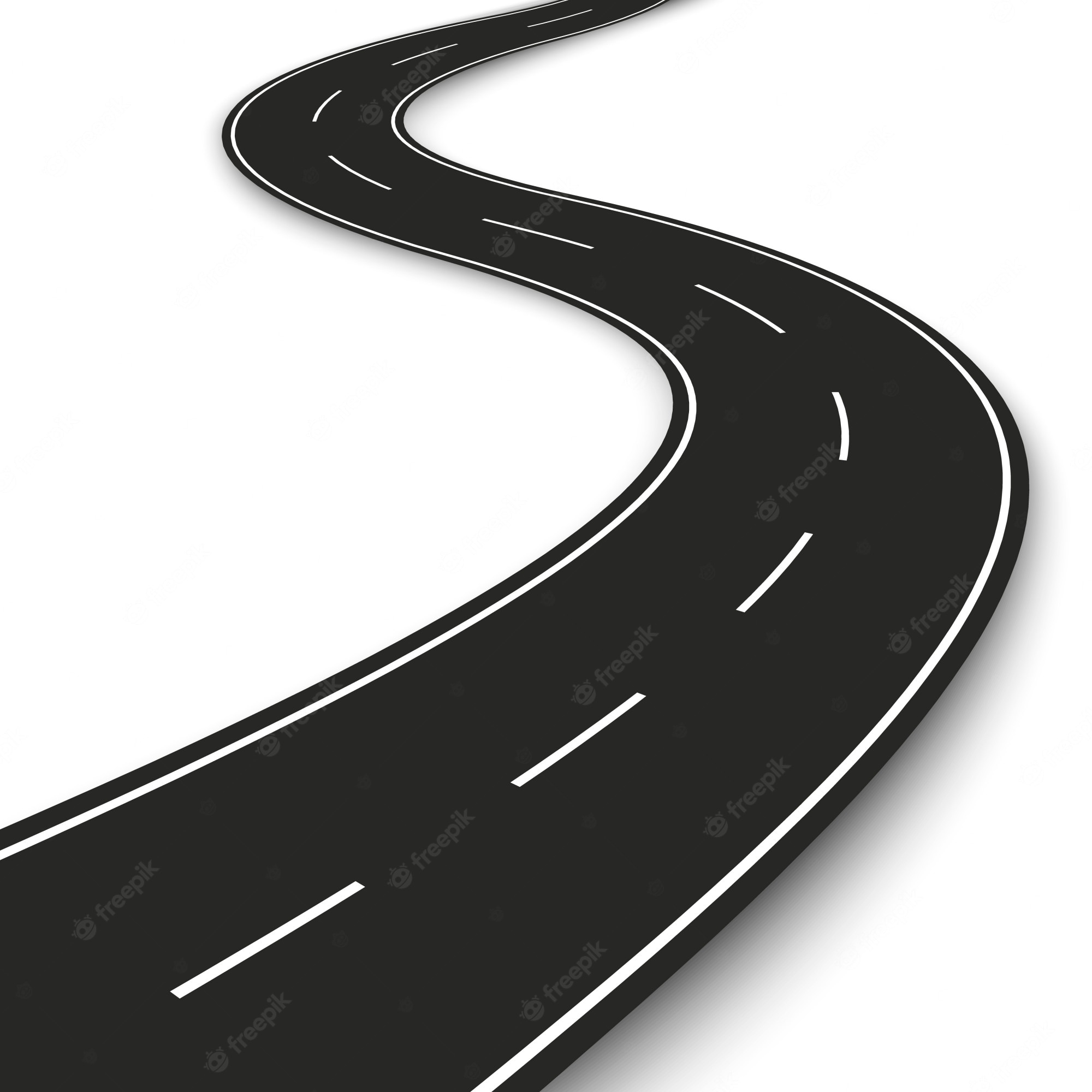 Winding black asphalt road with white lane markings on a white background, symbolizing journey or progress.
