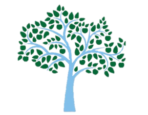 Stylized blue-trunked tree with green leaves, symbolizing growth, nature, or sustainability.