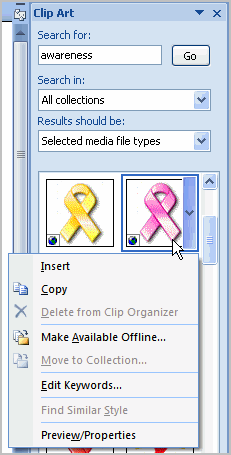 Yellow and pink awareness ribbons displayed in a clip art selection window.
