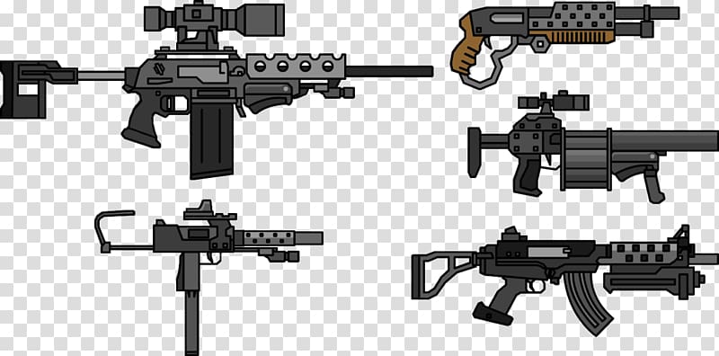 Six stylized cartoon firearms including sniper rifle, assault rifle, shotgun, and submachine guns on transparent background.