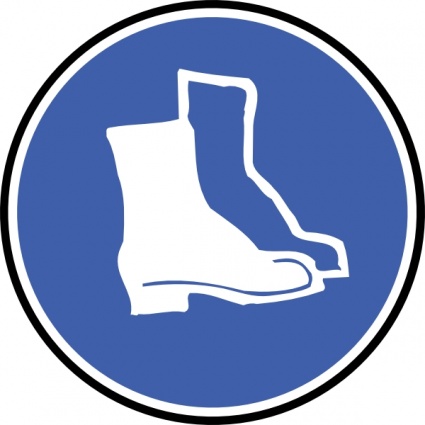 Blue circular safety sign with white icon of protective work boots, indicating mandatory footwear.