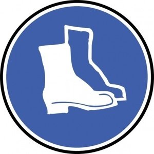 Blue circular safety sign showing white silhouette of protective work boots, indicating mandatory footwear.
