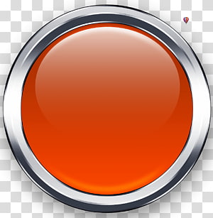 Glossy orange circular button with metallic silver rim on transparent background