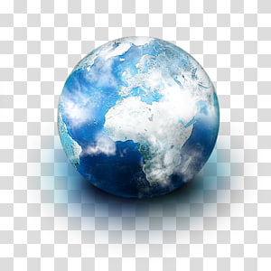 A realistic 3D globe showing Earth with blue oceans, white clouds, and visible continents on a transparent background.