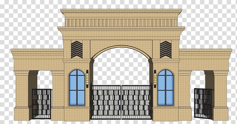 Classical stone gateway with arched entrance, flanking windows, and ornate metal gates.