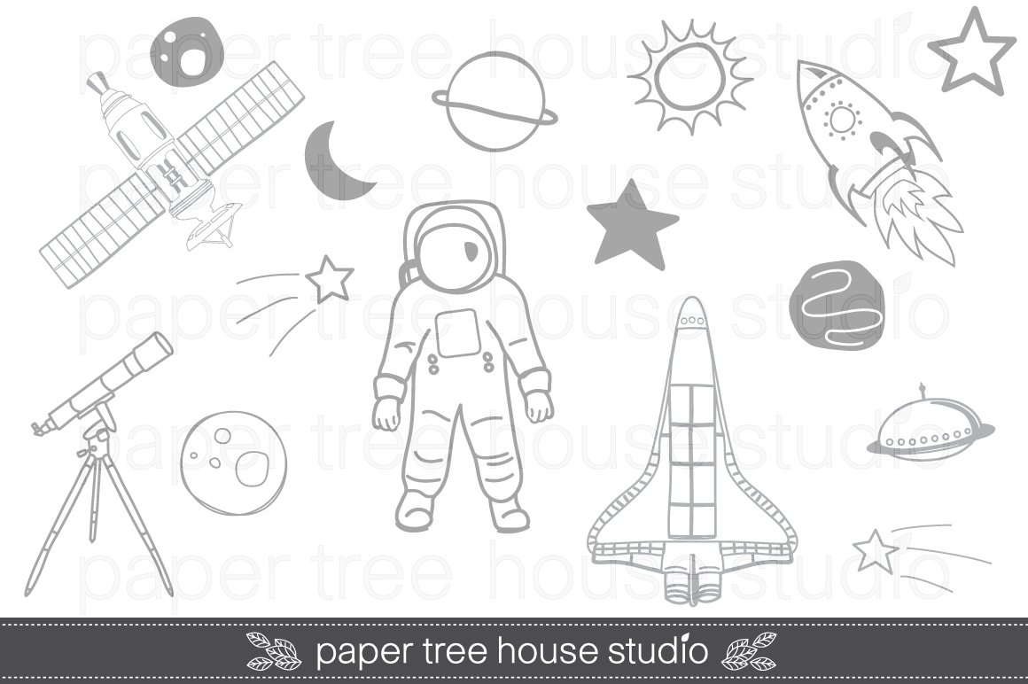 Space-themed line art illustrations including astronaut, rocket, satellite, planets, stars, telescope, and UFO by Paper Tree House Studio.