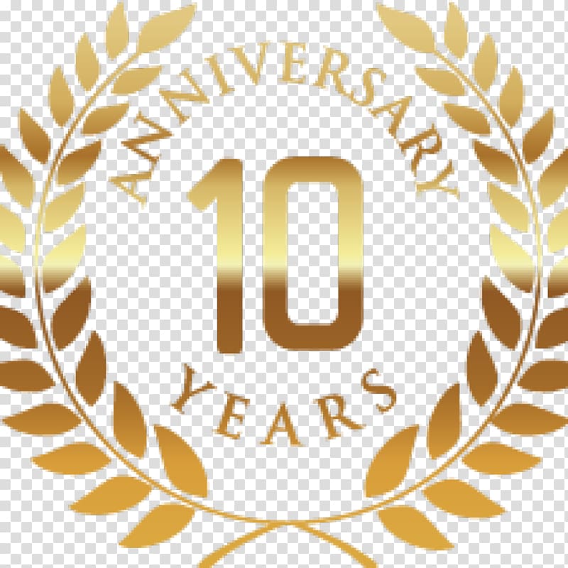 Golden laurel wreath encircling "10 Years Anniversary" in elegant gradient typography.