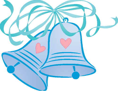 Two light blue wedding bells with pink hearts, tied with a flowing teal ribbon bow.