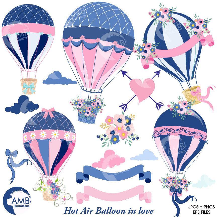 Decorative hot air balloons in navy blue and pink with floral accents, ribbons, hearts, and clouds-romantic illustration set.