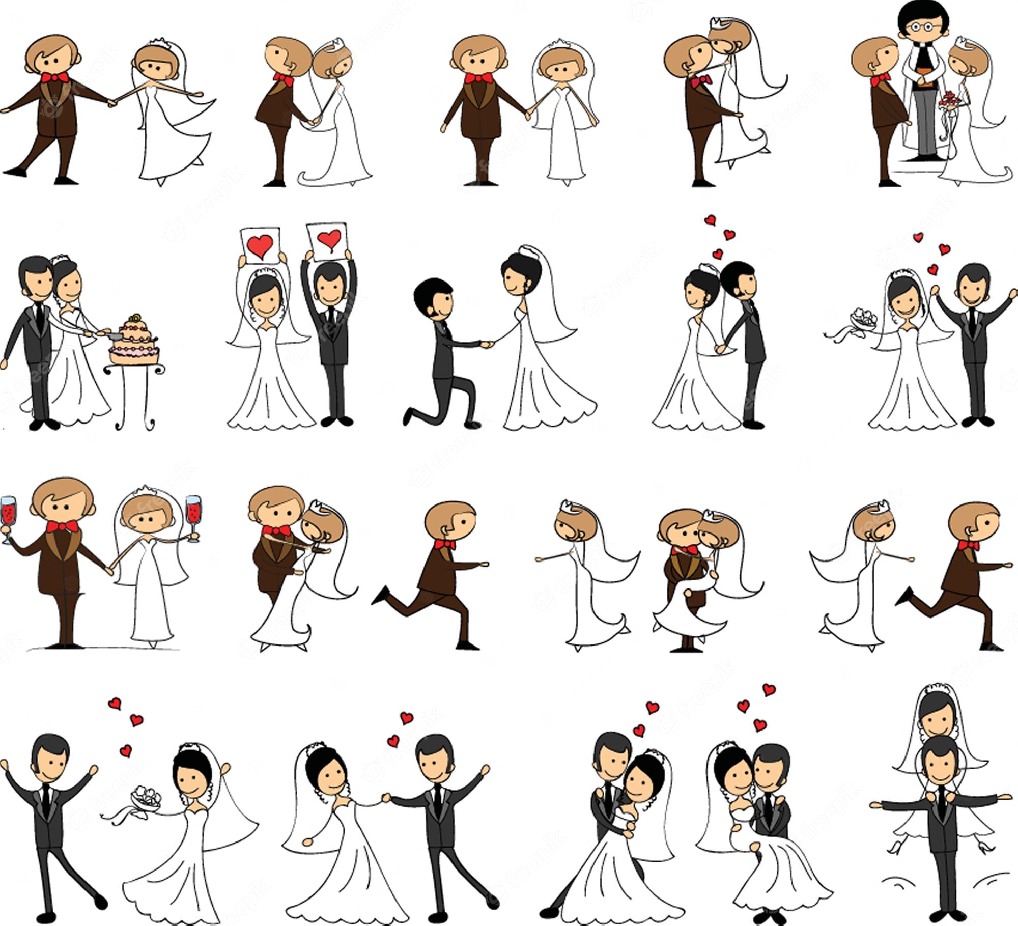 Collection of cartoon-style wedding couple illustrations showing various romantic and celebratory poses and moments.