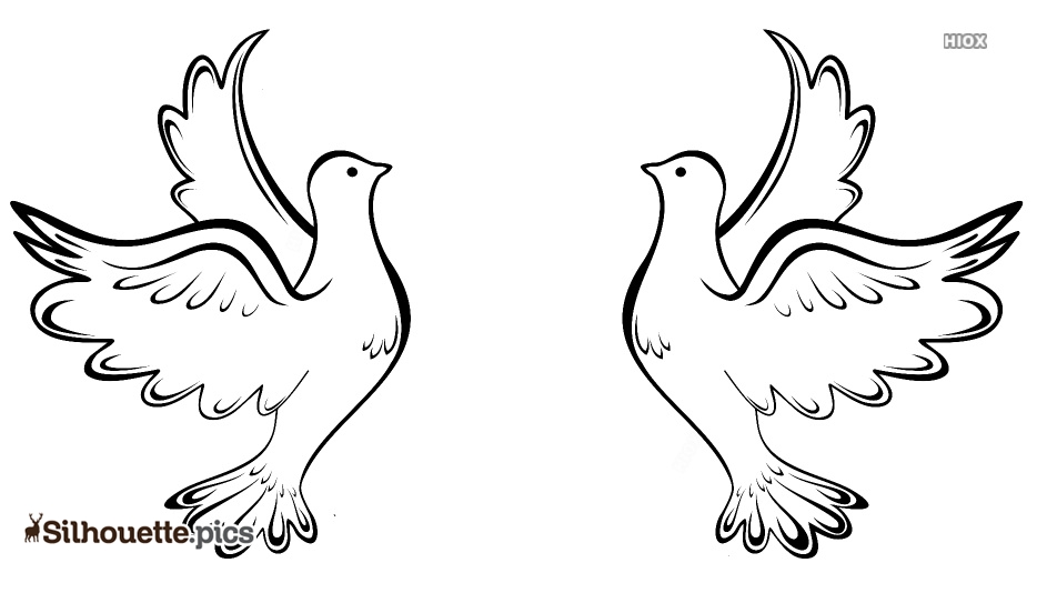 Two black-and-white line art doves in flight, wings spread, symbolizing peace and hope.