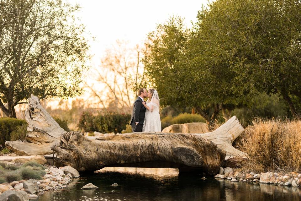 Romantic Sunset Wedding Photo on Natural Log Bridge | Outdoor Elegance