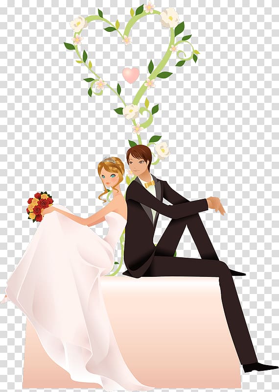 Cartoon bride and groom sitting together under a floral heart arch, holding bouquet, romantic wedding illustration.