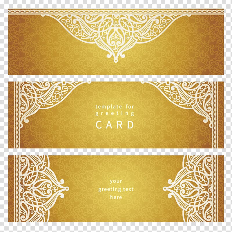 Golden ornate greeting card template with white floral filigree borders and elegant swirl patterns on a gradient background.