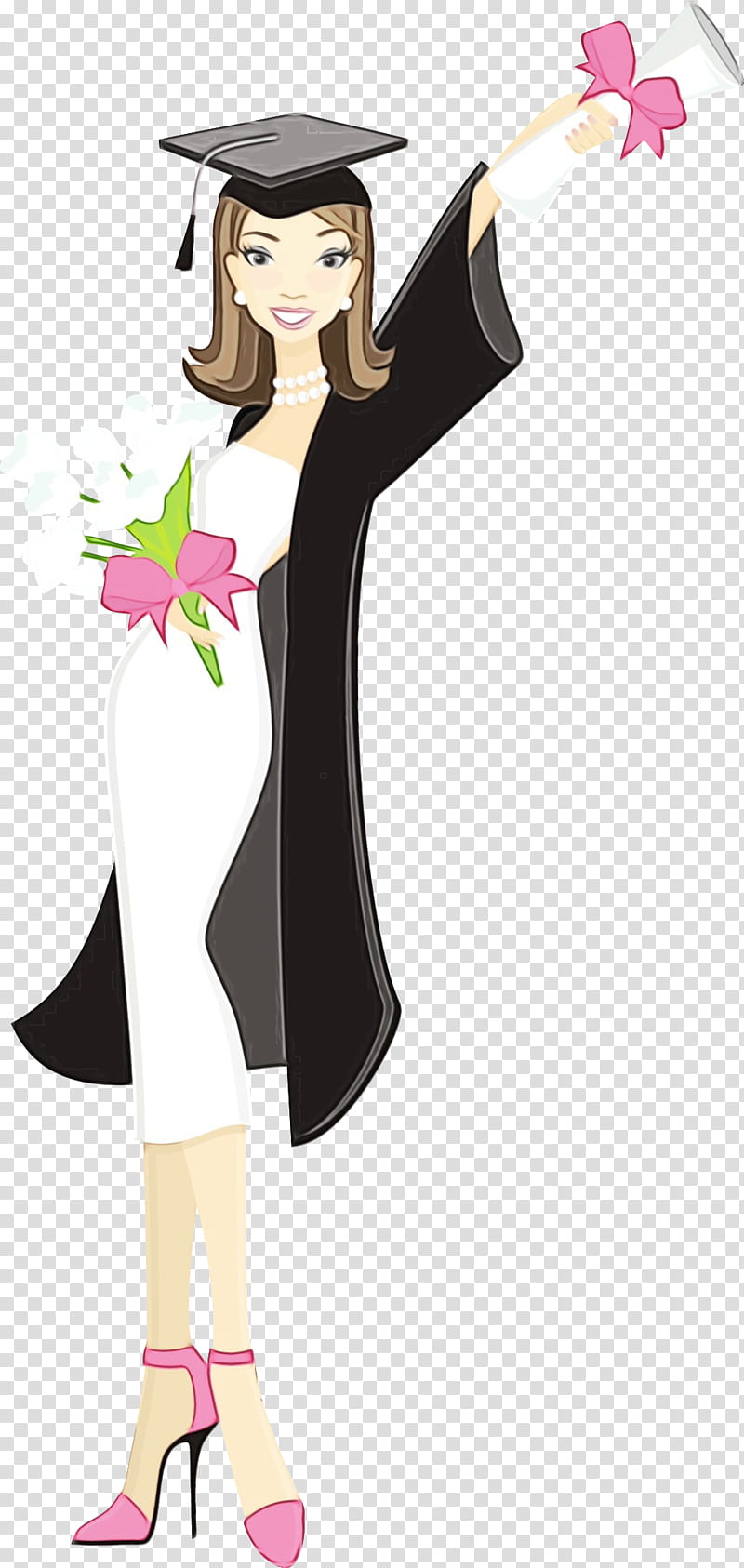 Smiling graduate woman in black cap and gown, holding diploma with pink bow and white flowers, wearing white dress and pink heels.
