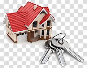 Miniature red-roofed house with garage beside a set of silver house keys on a transparent background.