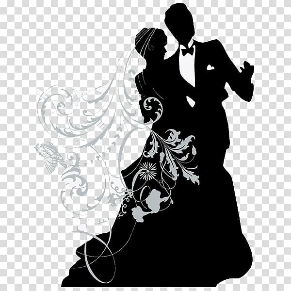 Silhouette of a bride and groom dancing, adorned with elegant floral and swirl motifs on a transparent background.
