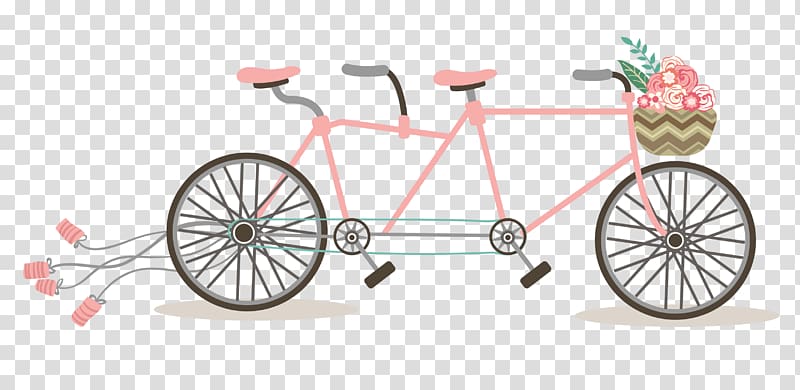 Pink tandem bicycle with two seats, pedals, and a floral basket on the front, trailing decorative ribbons.