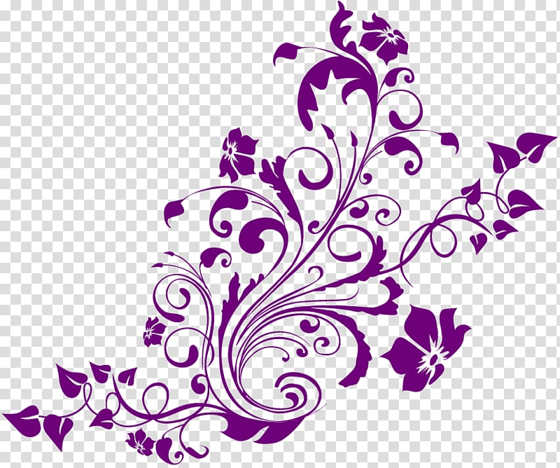 Purple floral vine vector illustration with swirling leaves and blossoms on transparent background.
