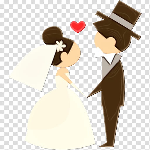 Cartoon bride and groom in wedding attire sharing a romantic moment with a red heart above them.