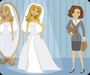 A bride in a white gown stands beside a mirror and a businesswoman in a gray suit holding a folder and briefcase.