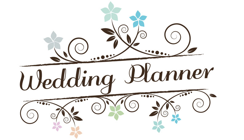 Elegant "Wedding Planner" logo with floral swirls in pastel blues, greens, and purples on white background.