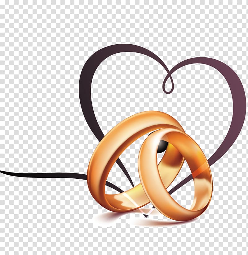 Two interlocked golden wedding rings with a heart-shaped ribbon behind them on transparent background.